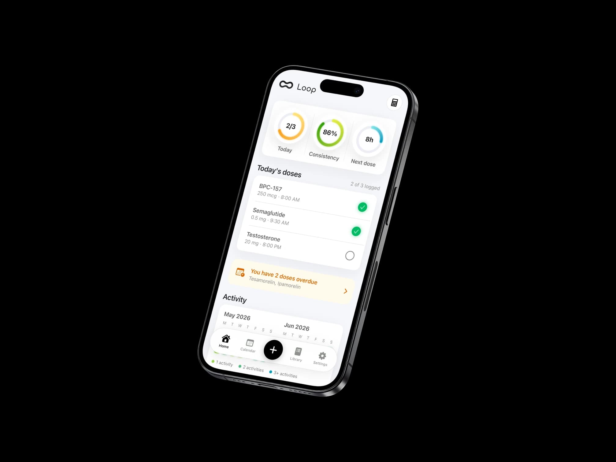 Peptide app activity screen on iPhone