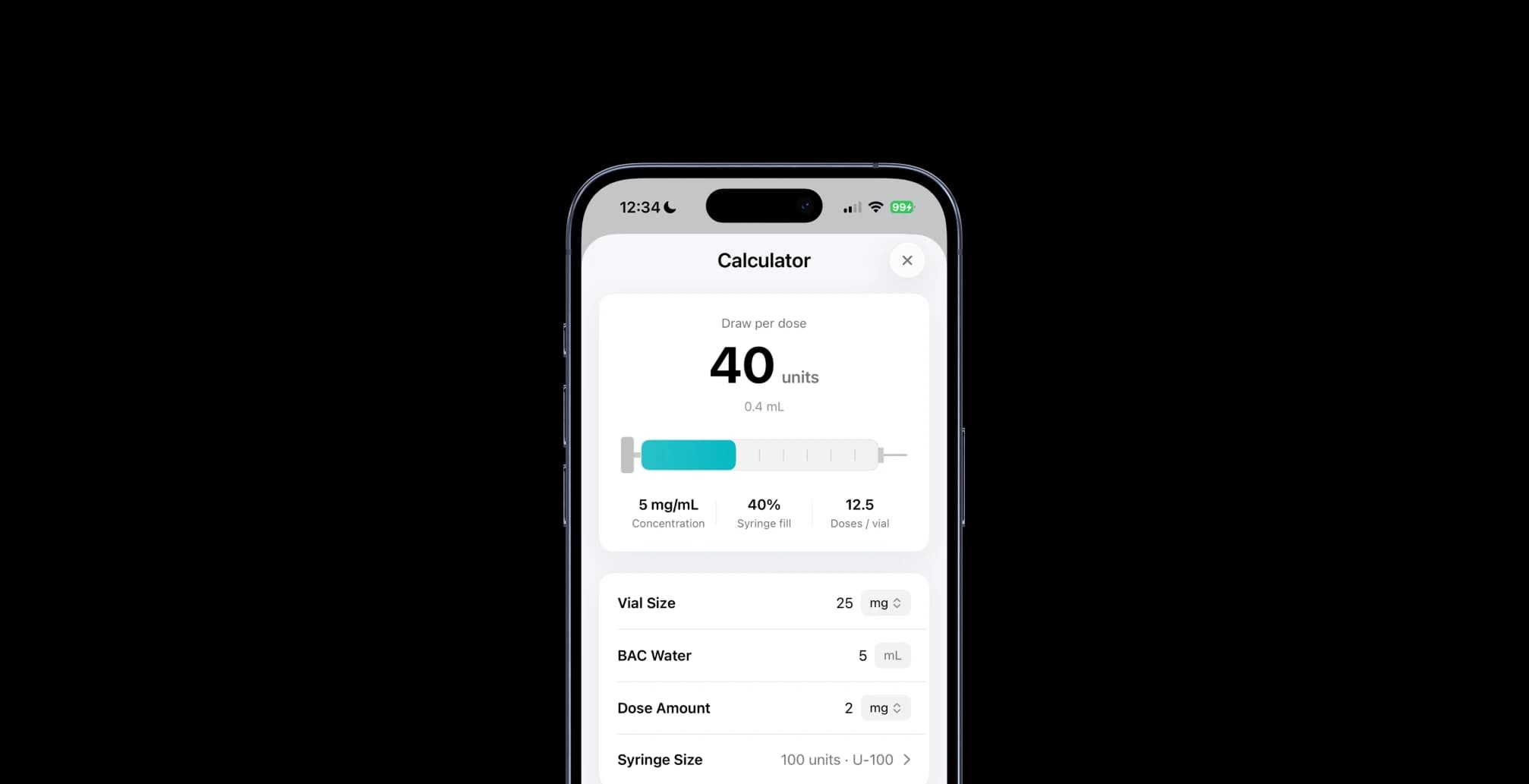 Loop dose calculator screen on iPhone